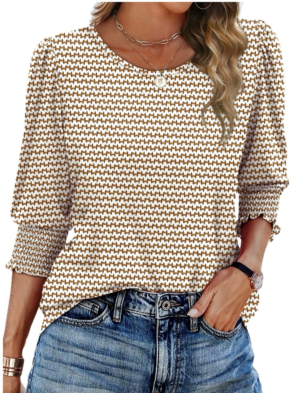 Women's Houndstooth Puff Sleeve Long Sleeve Top - White & Brown